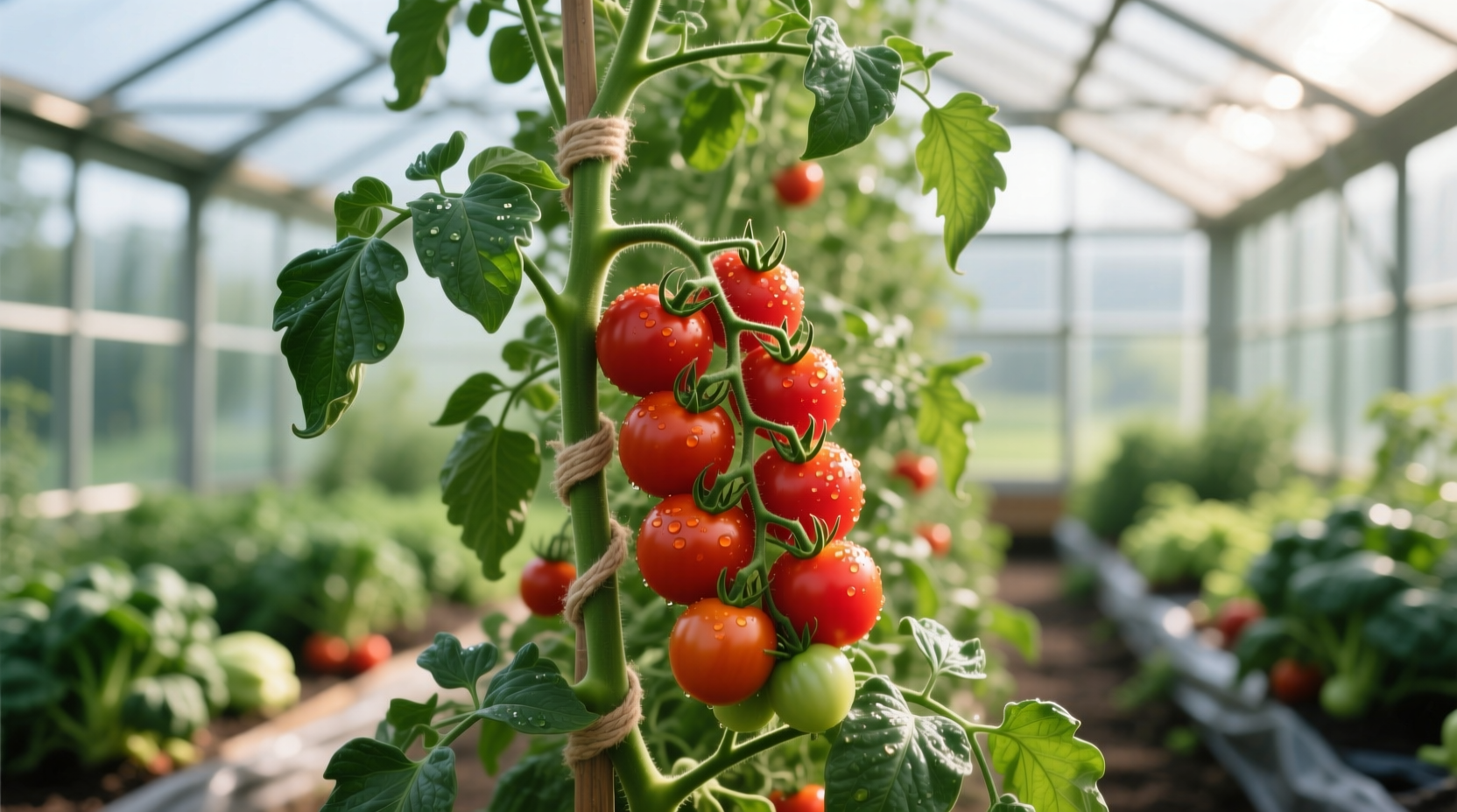 Healthy tomato plants with ripe fruit on vine support system