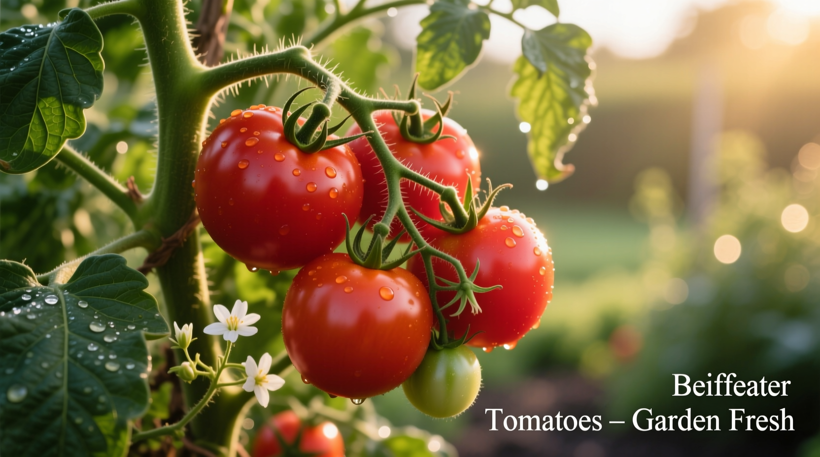 Ripe Beefeater tomatoes on vine with green foliage