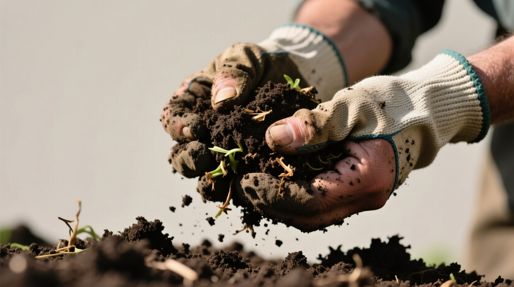 Close-up of gardener performing compost squeeze test showing ideal crumbly texture