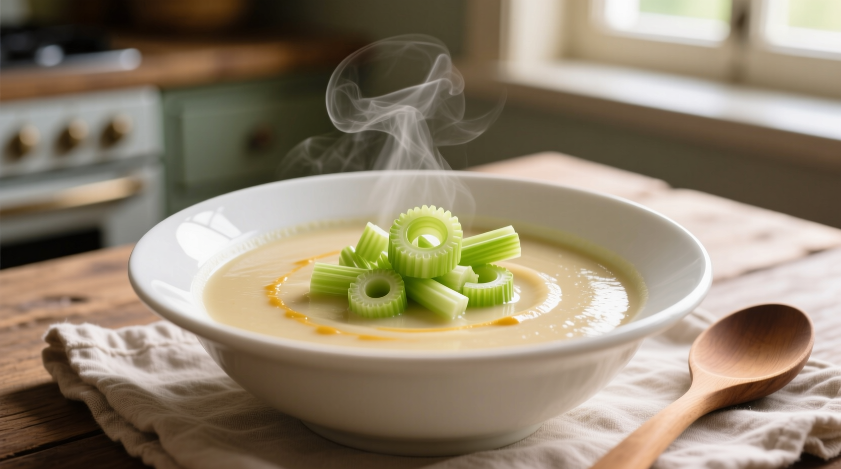 Cream of celery soup in white bowl with fresh celery garnish