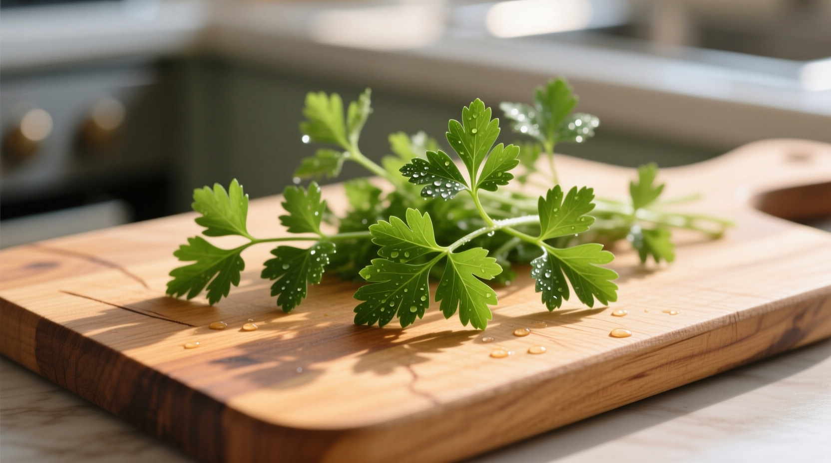 Fresh parsley sprigs on wooden cutting board