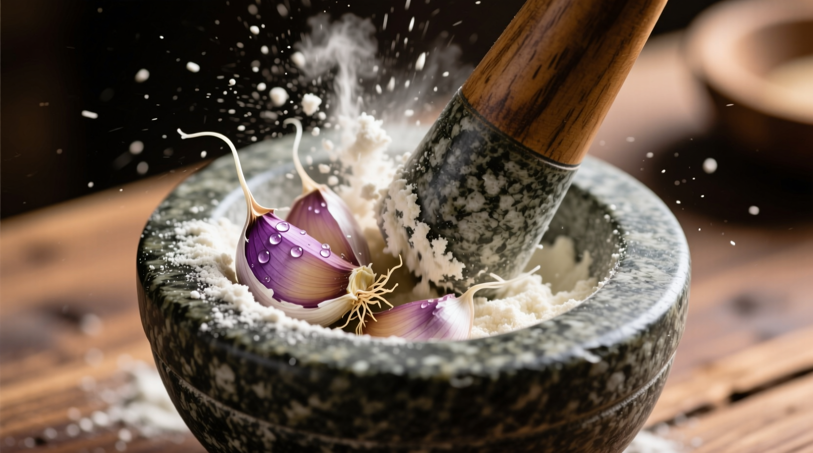 Fresh garlic cloves being ground into powder