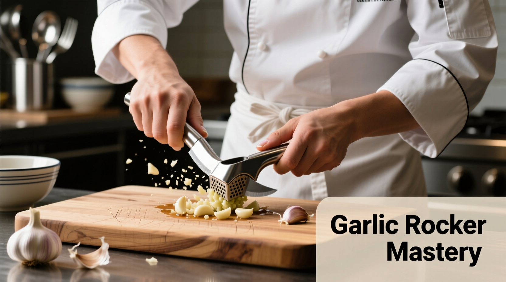 Chef using garlic rocker on cutting board