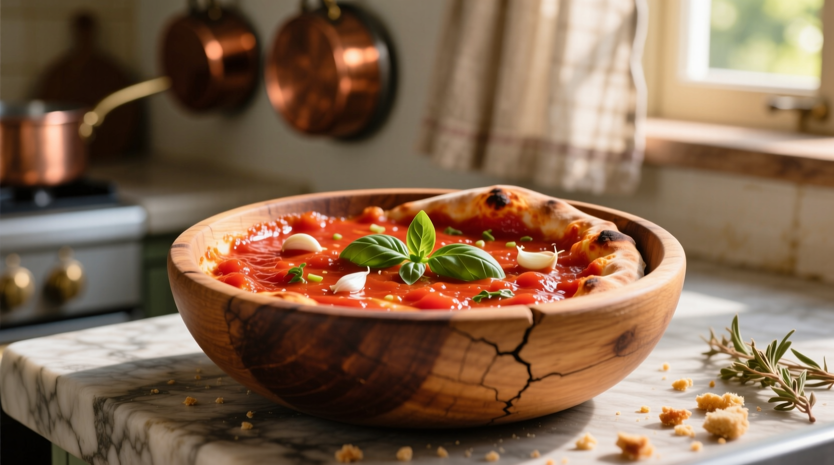Fresh tomato pizza sauce in wooden bowl