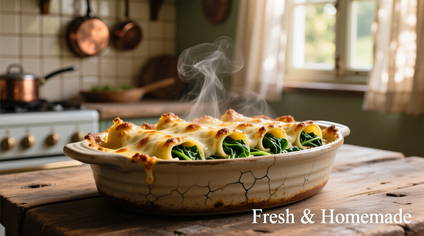 Spinach cannelloni in ceramic baking dish