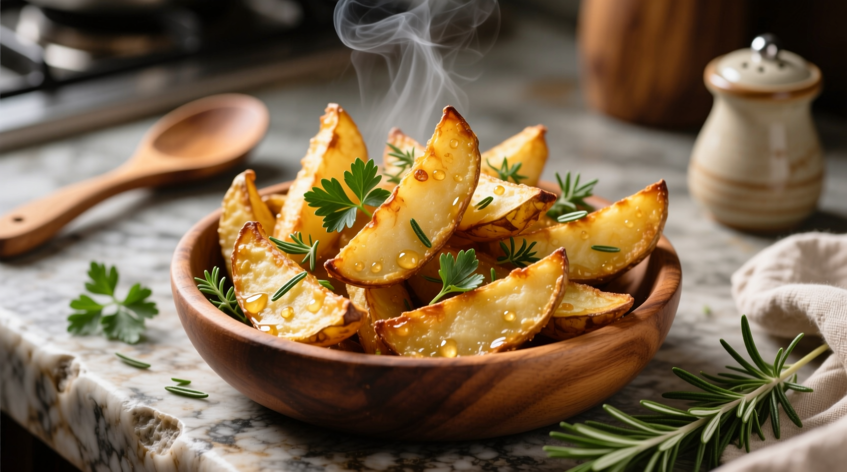 Golden brown deep fried potato wedges with herbs