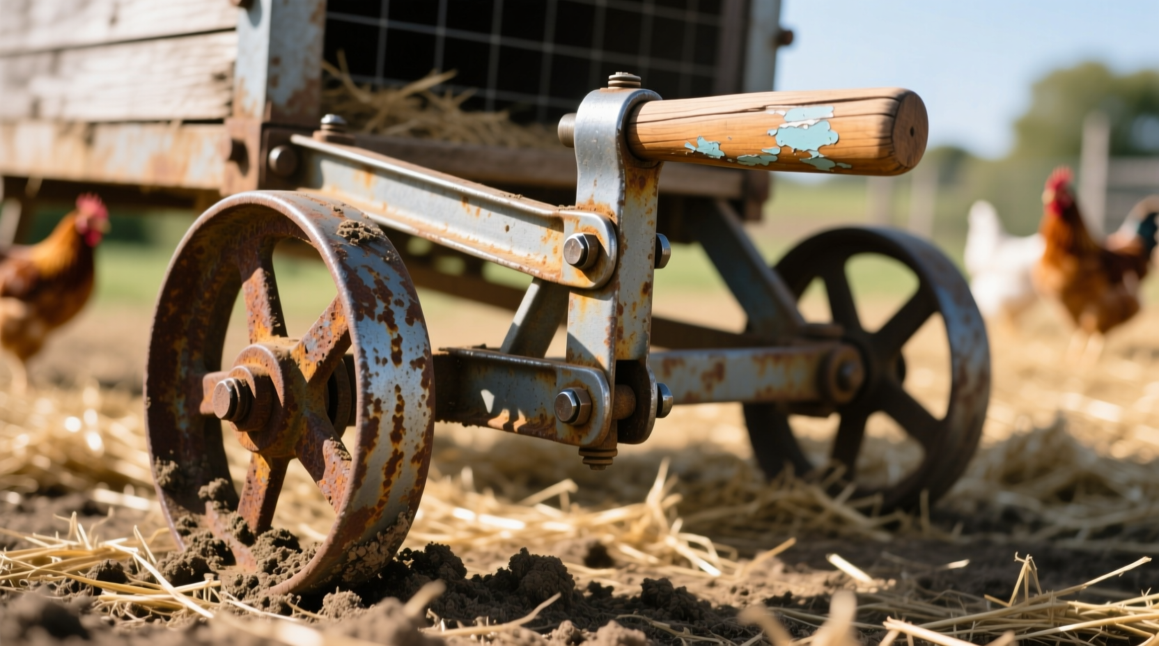 Close-up of chicken tractor wheels and handle mechanism