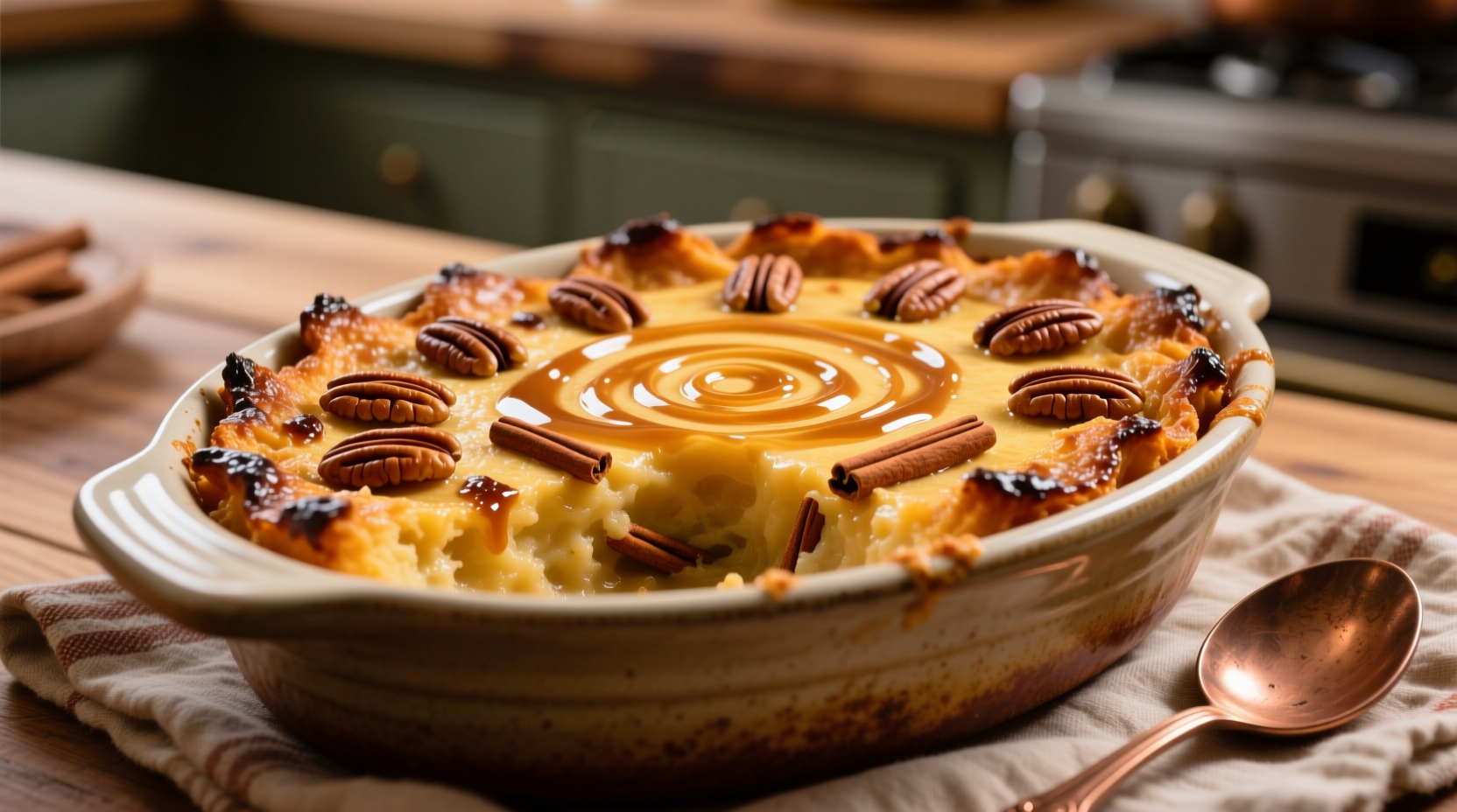 Golden sweet potato casserole with crunchy pecan topping