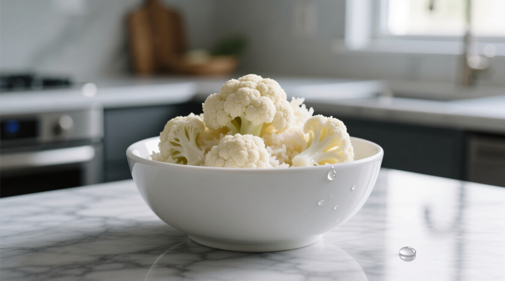 Fresh riced cauliflower in white bowl