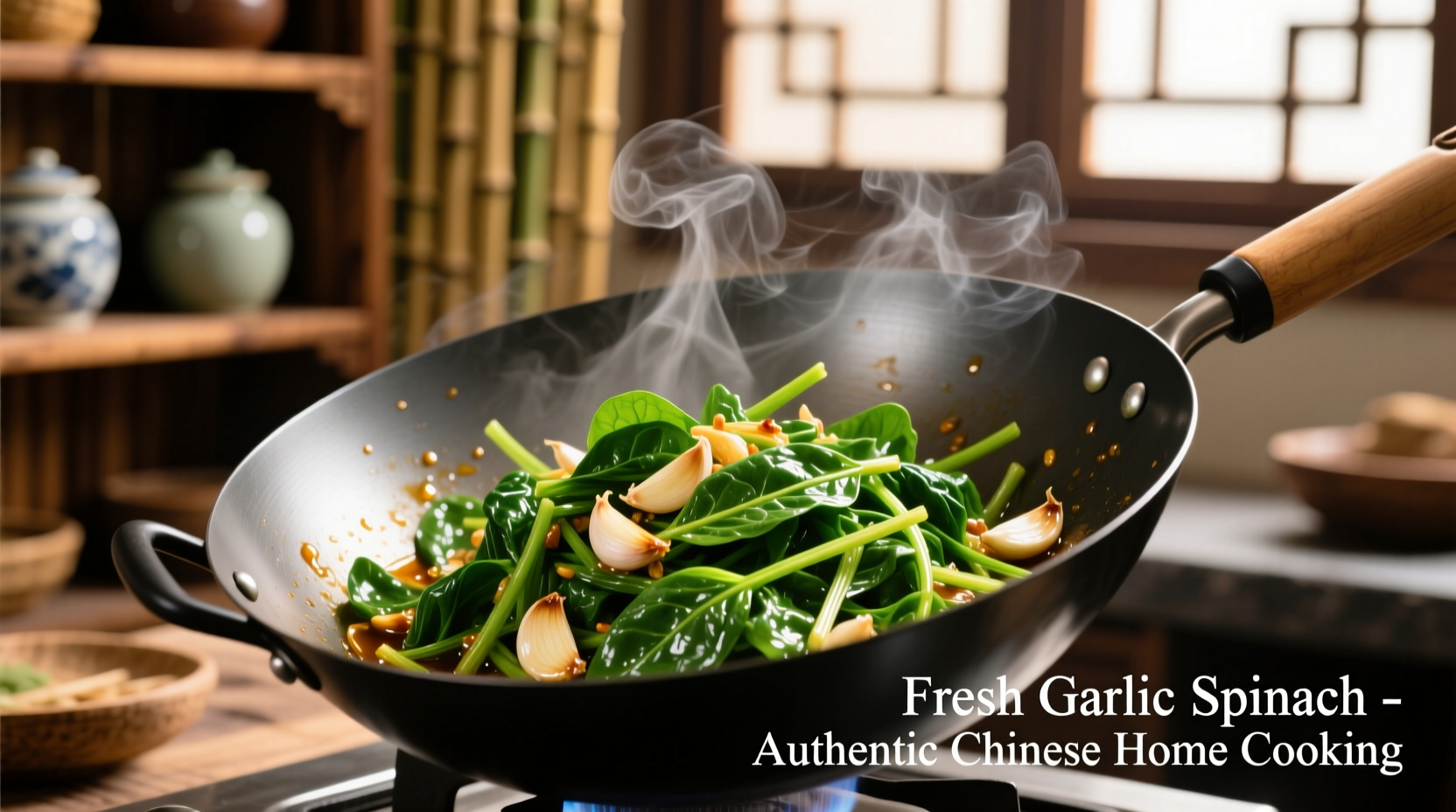 Fresh Chinese garlic spinach in wok