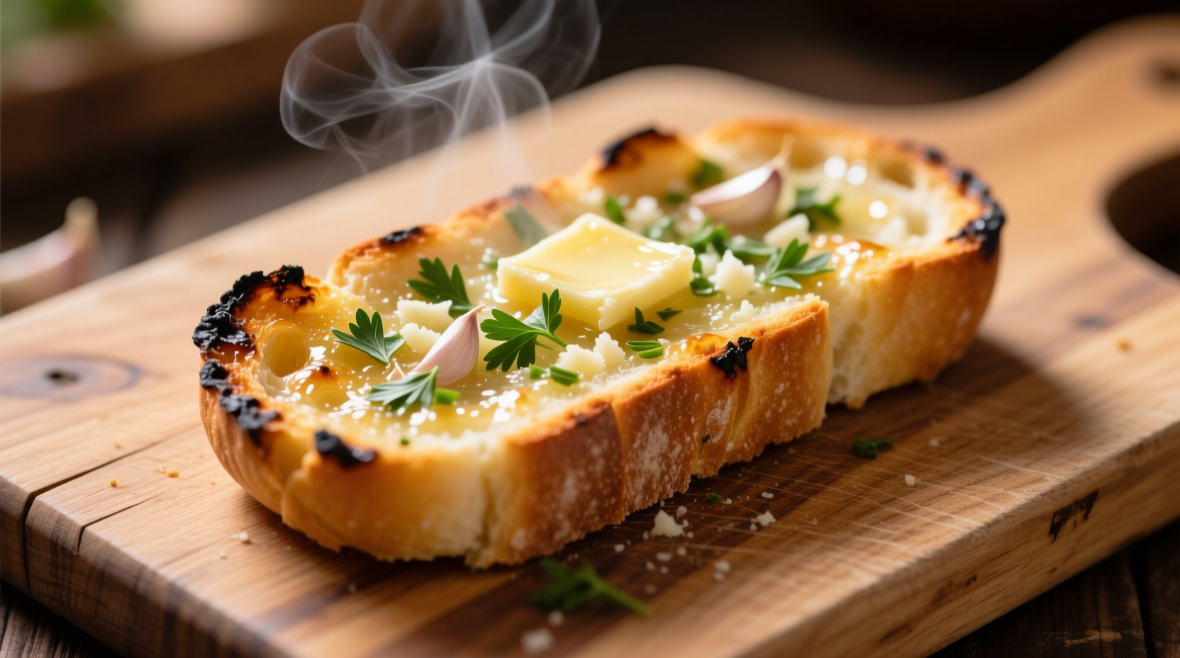 Freshly baked HEB garlic bread on wooden cutting board