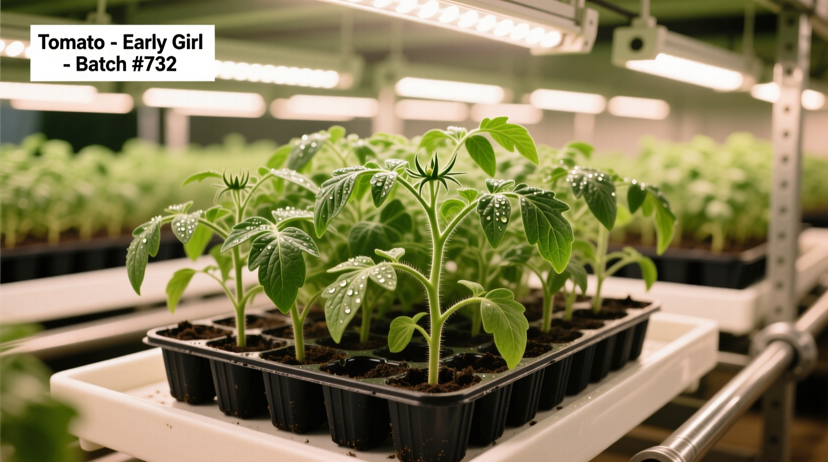 Tomato seedlings in a commercial nursery setting