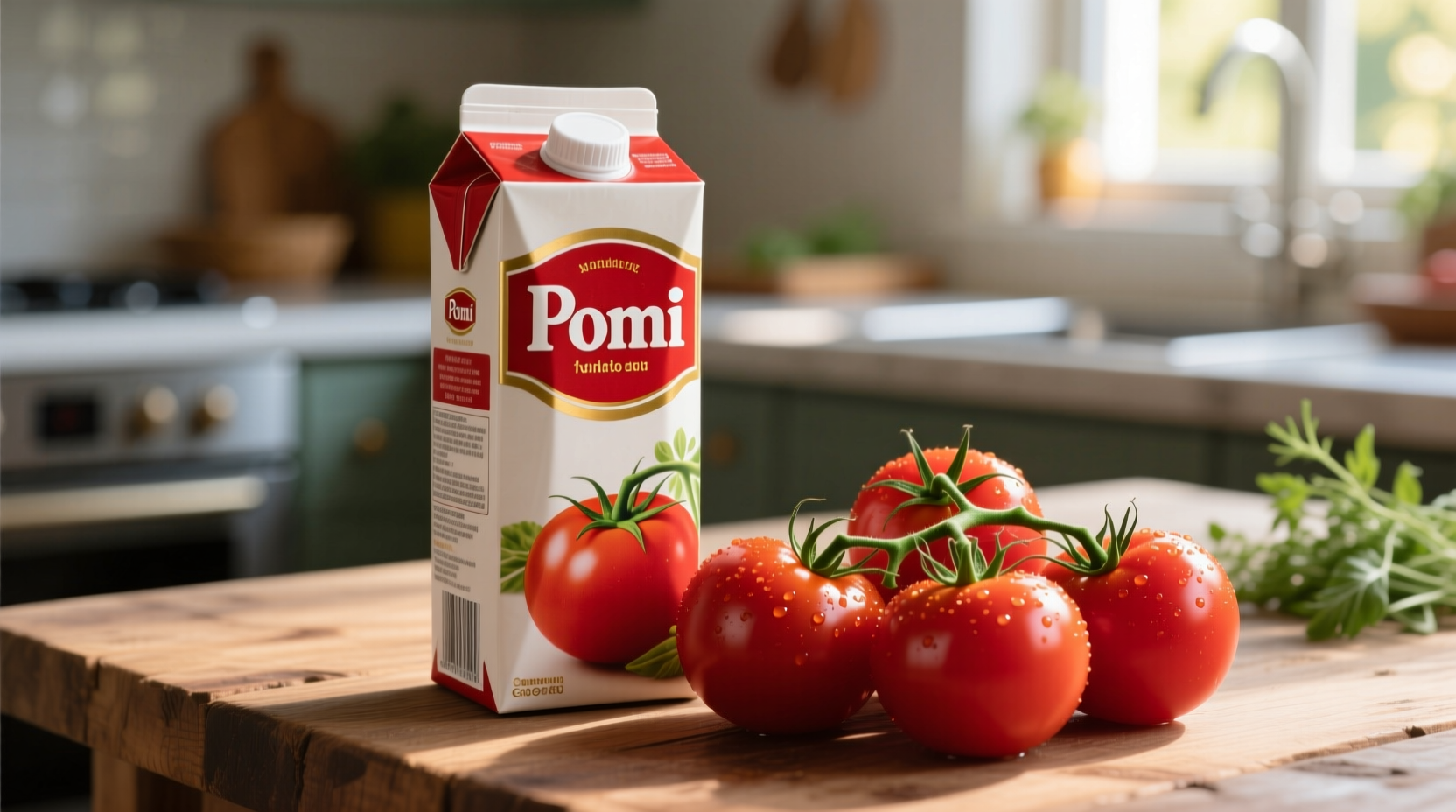 Pomi tomato sauce carton next to fresh tomatoes