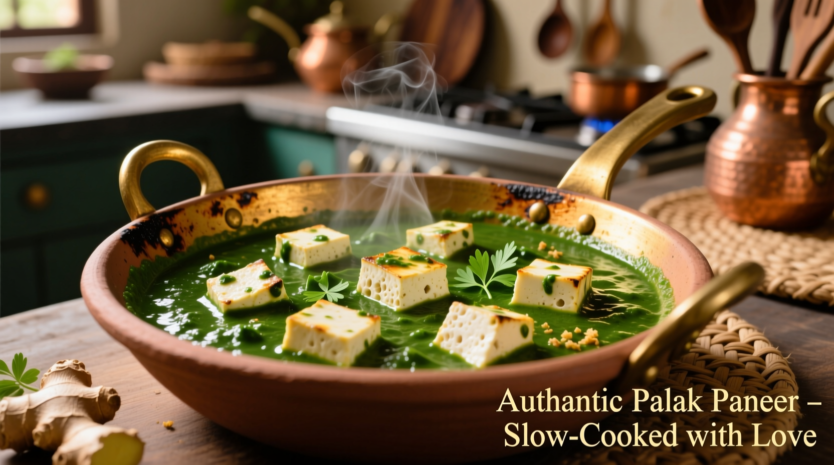 Creamy palak paneer with soft paneer cubes in vibrant green spinach gravy