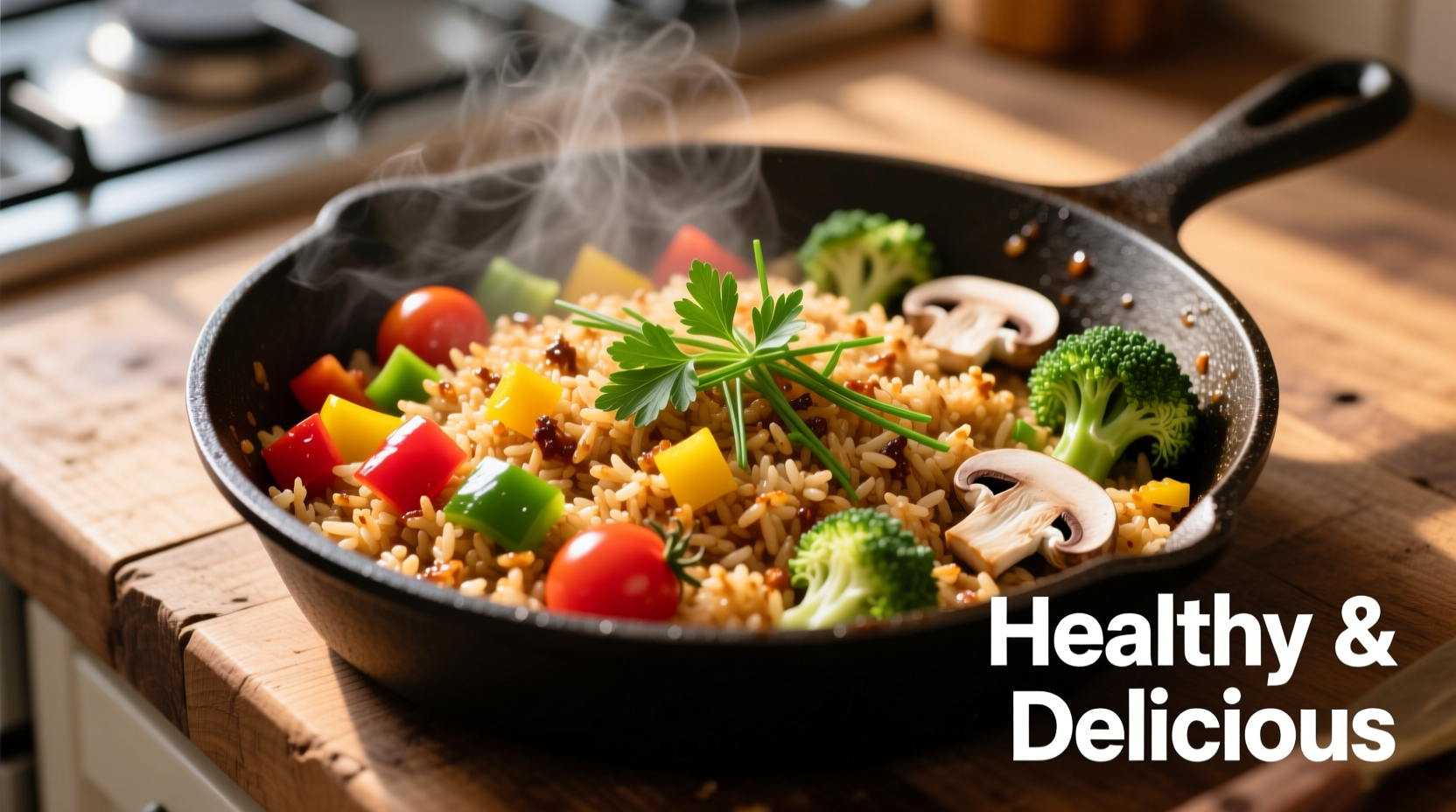 Golden brown cauliflower rice in skillet with vegetables