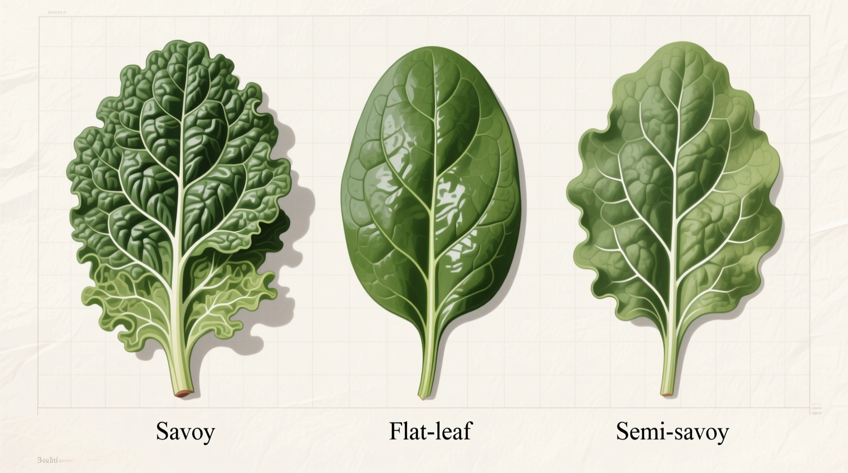Three types of spinach leaves side by side comparison