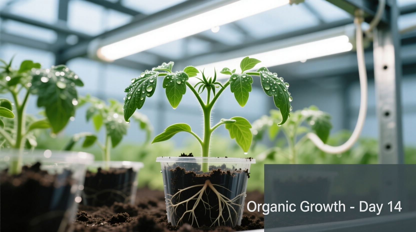 Healthy tomato seedlings under grow lights
