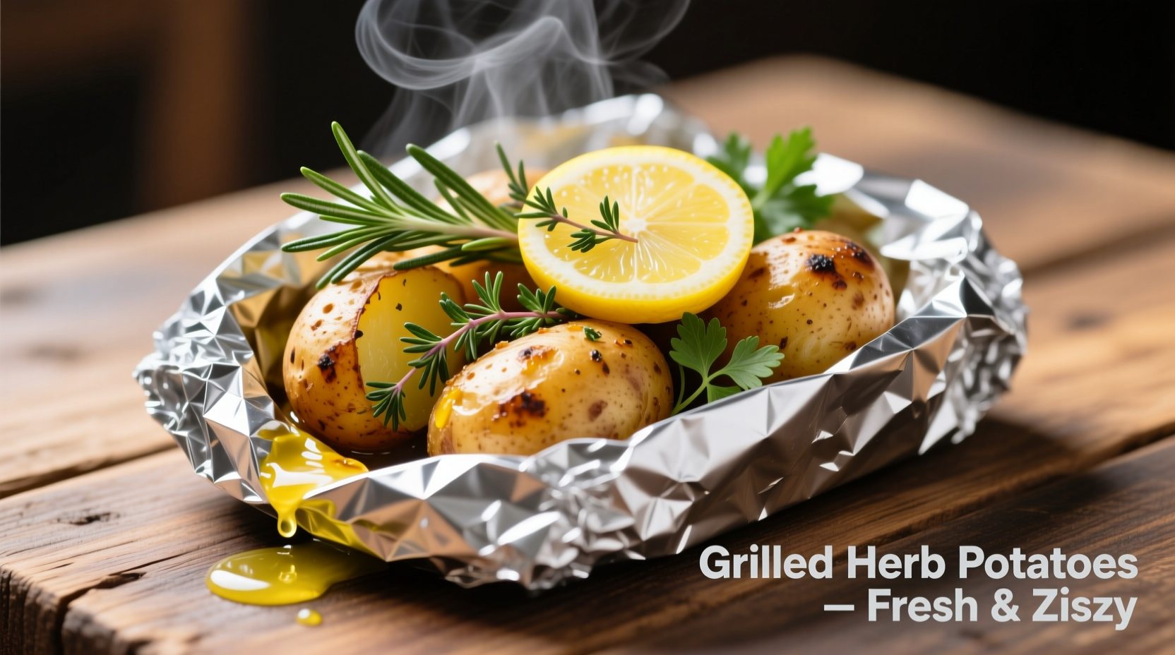 Grilled potato foil packet with herbs and lemon slices