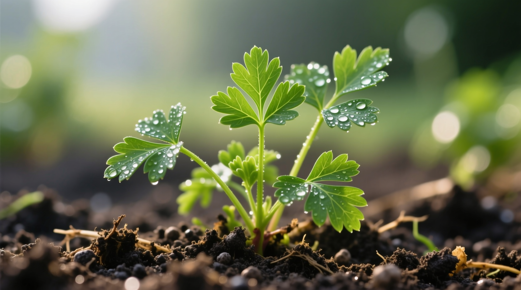 Fresh garden parsley growing in well-drained soil