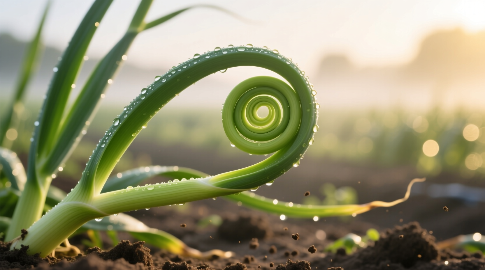 Freshly harvested garlic scapes with curling stalks