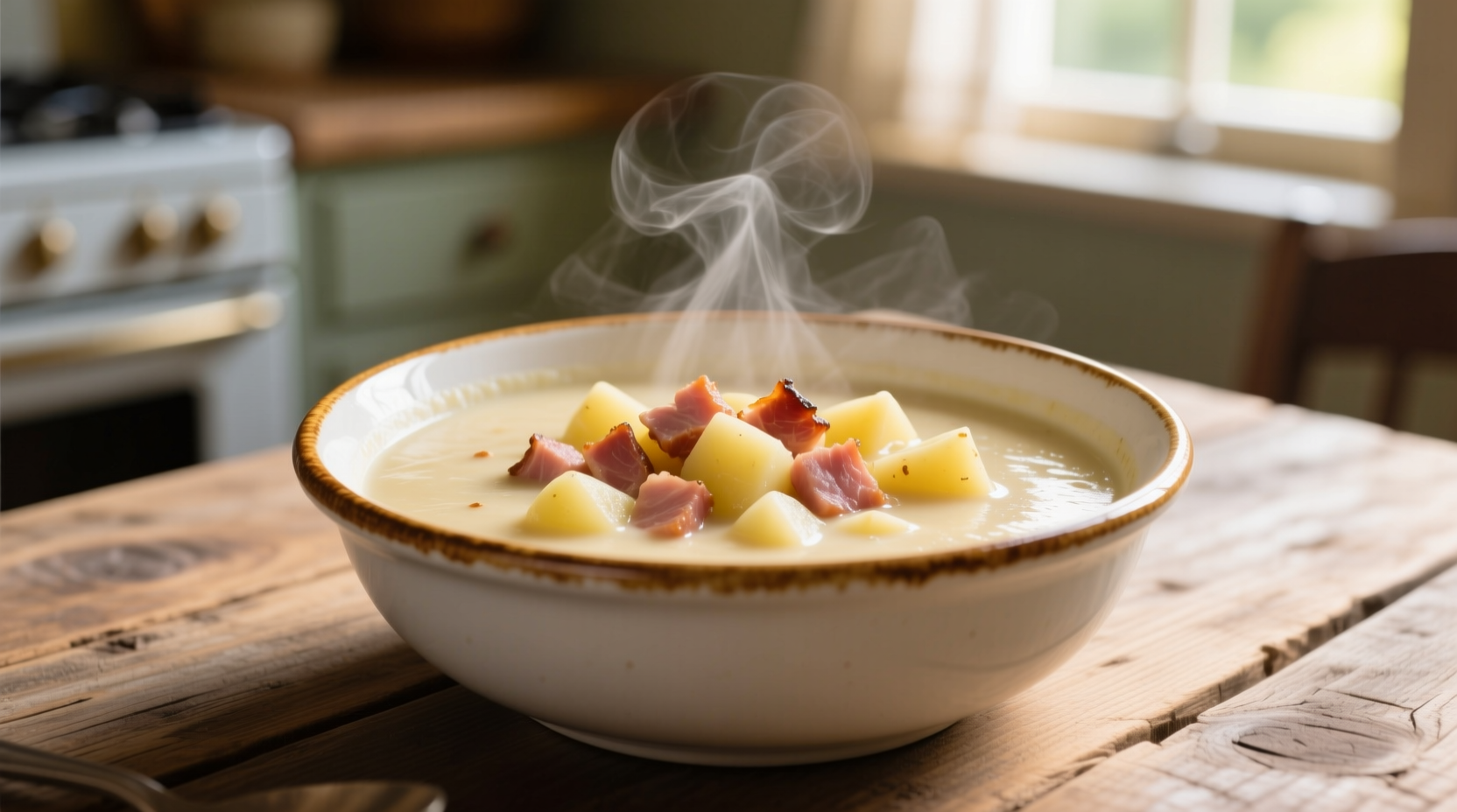 Creamy slow cooker potato soup with ham in white bowl