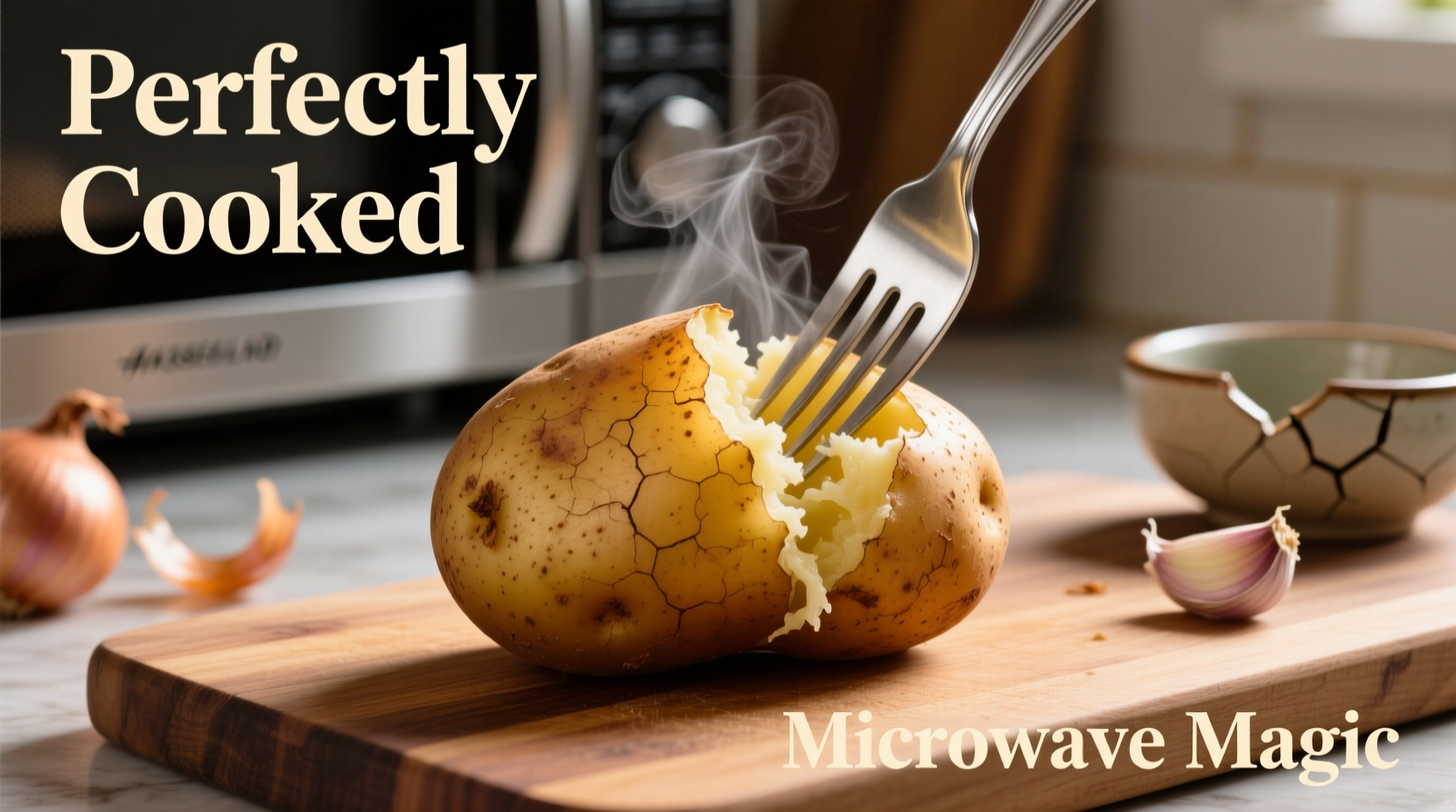 Perfectly cooked fluffy microwave russet potato with fork