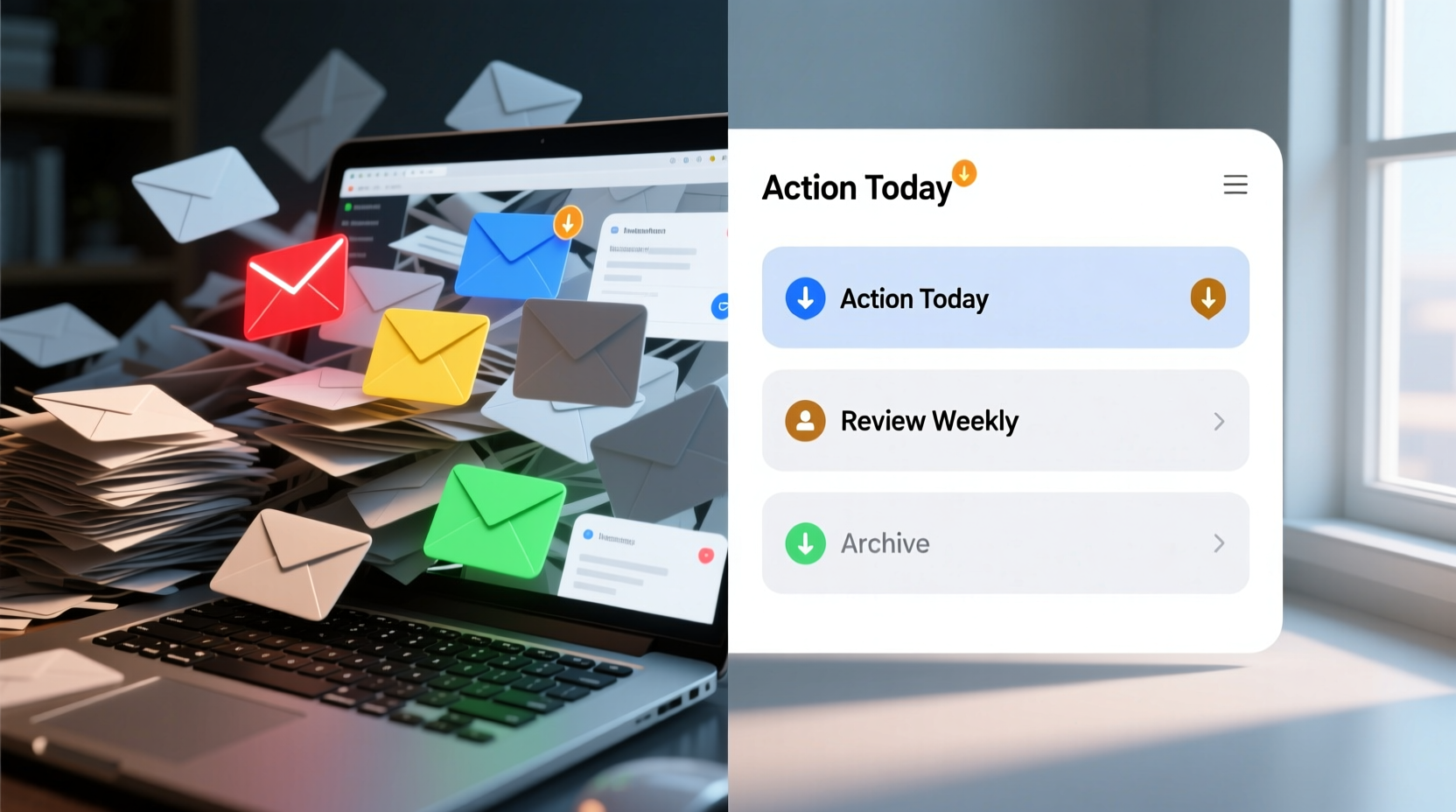 A split-screen visual: left side shows a chaotic inbox overflowing with unread messages and color-coded alerts; right side displays a calm interface with three clean sections—'Action Today', 'Review Weekly', and 'Archive'—with all notifications silenced and only two flagged items visible.