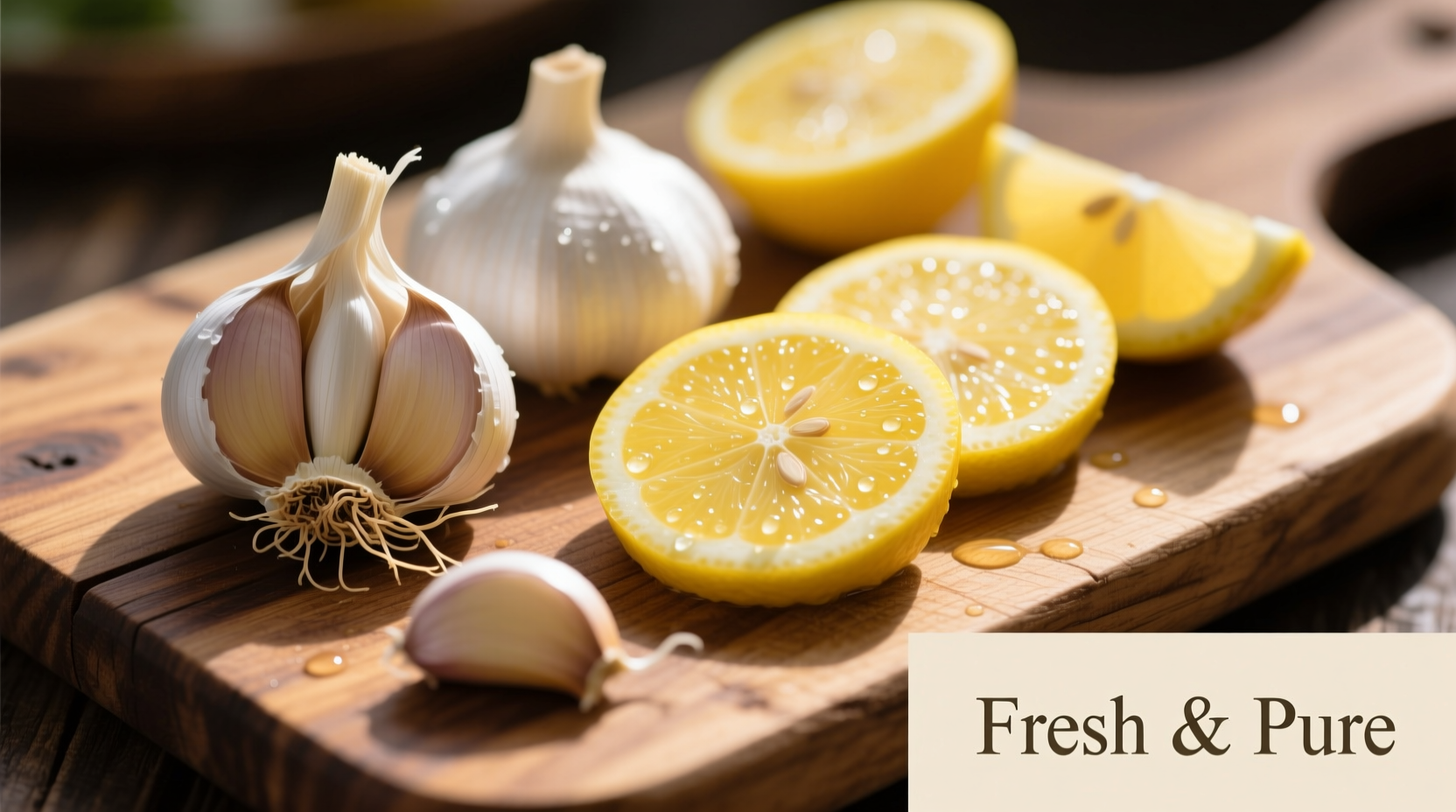 Fresh garlic cloves and lemon slices on wooden cutting board