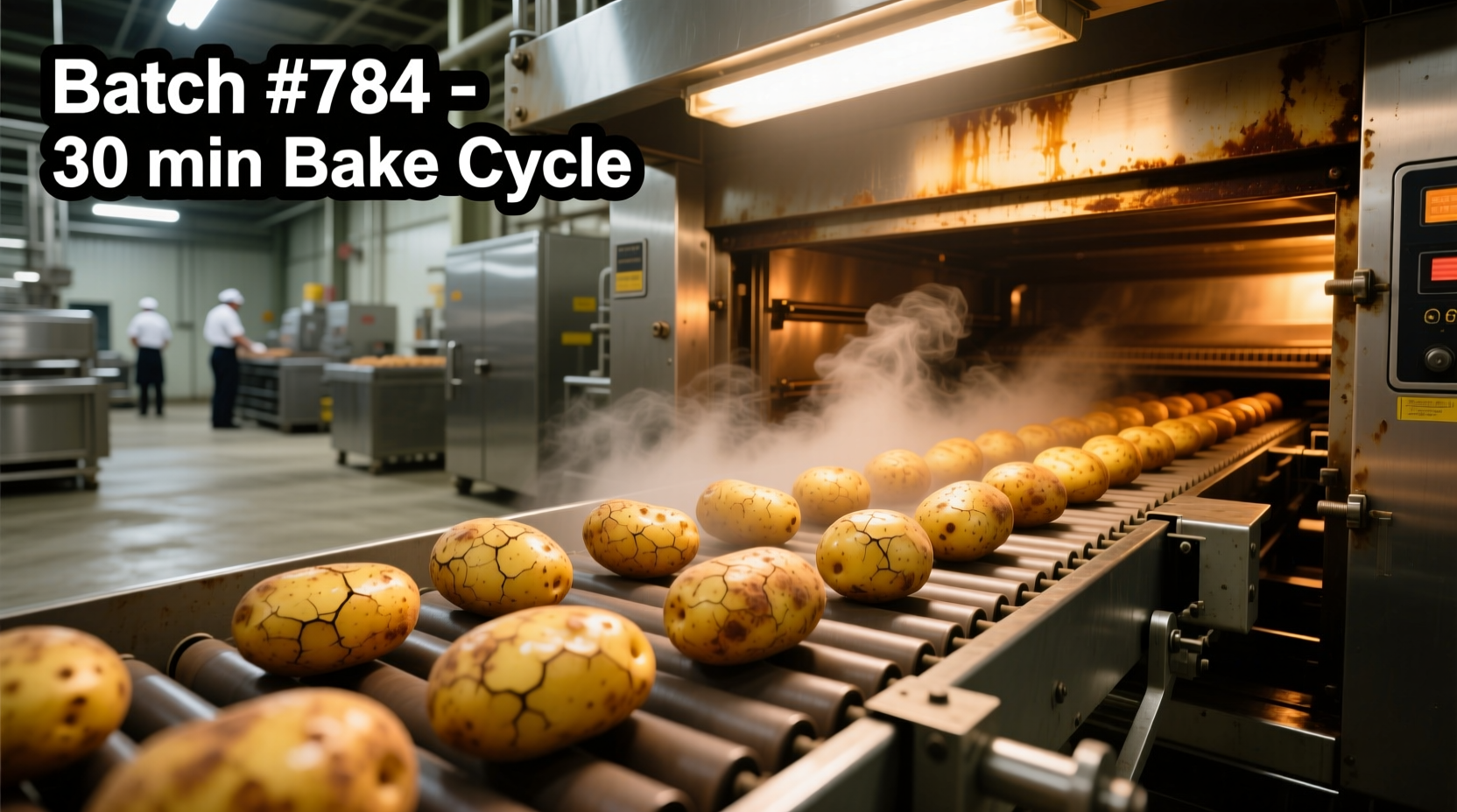 Industrial conveyor oven baking potatoes in commercial facility