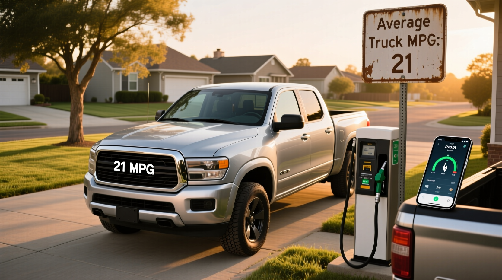 Full-size pickup truck driving on highway showing average fuel economy