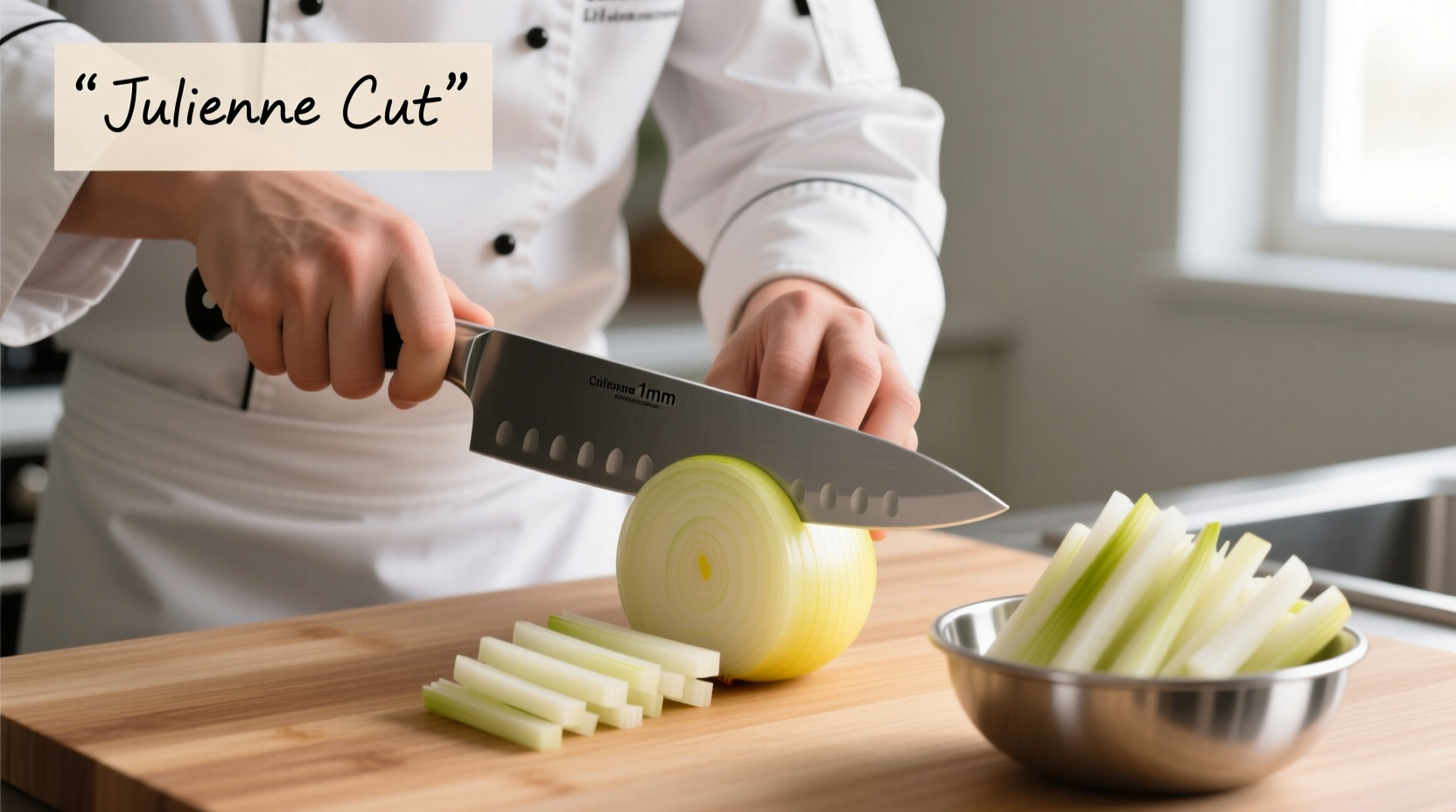 Chef demonstrating proper onion julienne cutting technique with sharp knife