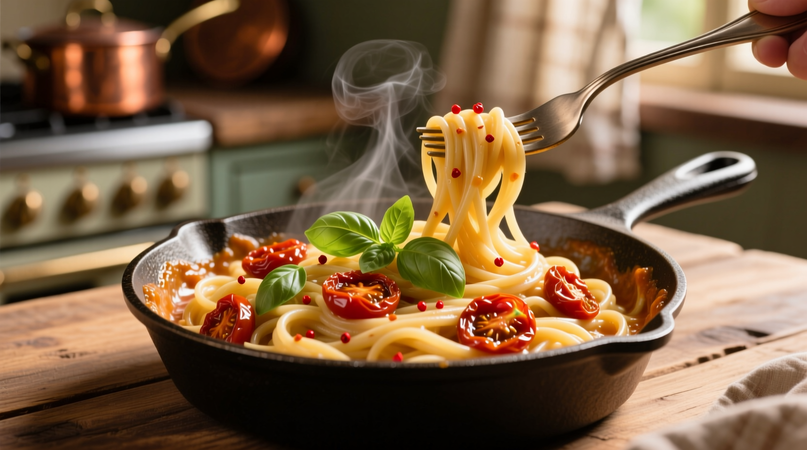 Creamy pasta with sun dried tomatoes in skillet