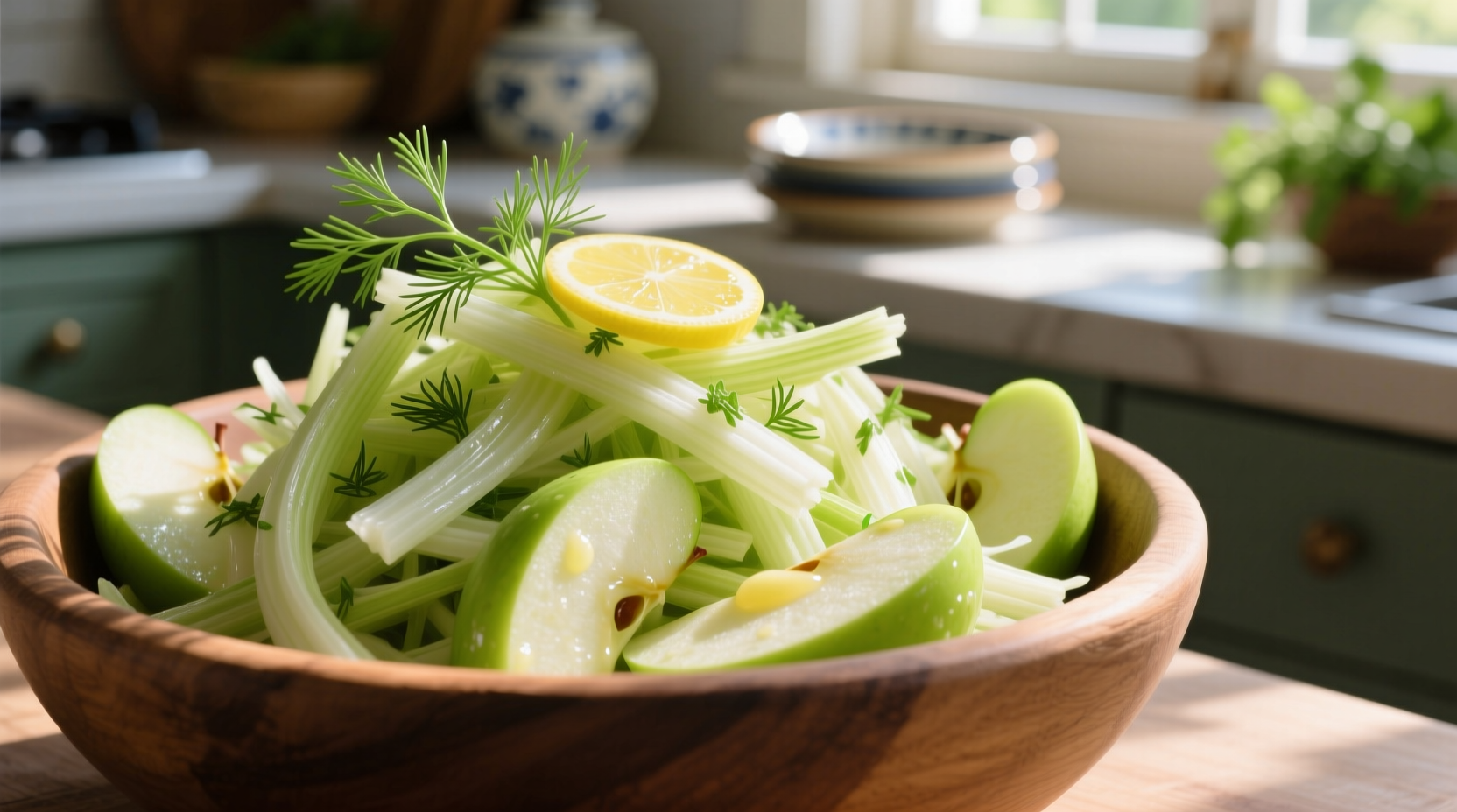 Fresh fennel slaw with vibrant green apple pieces and dill garnish