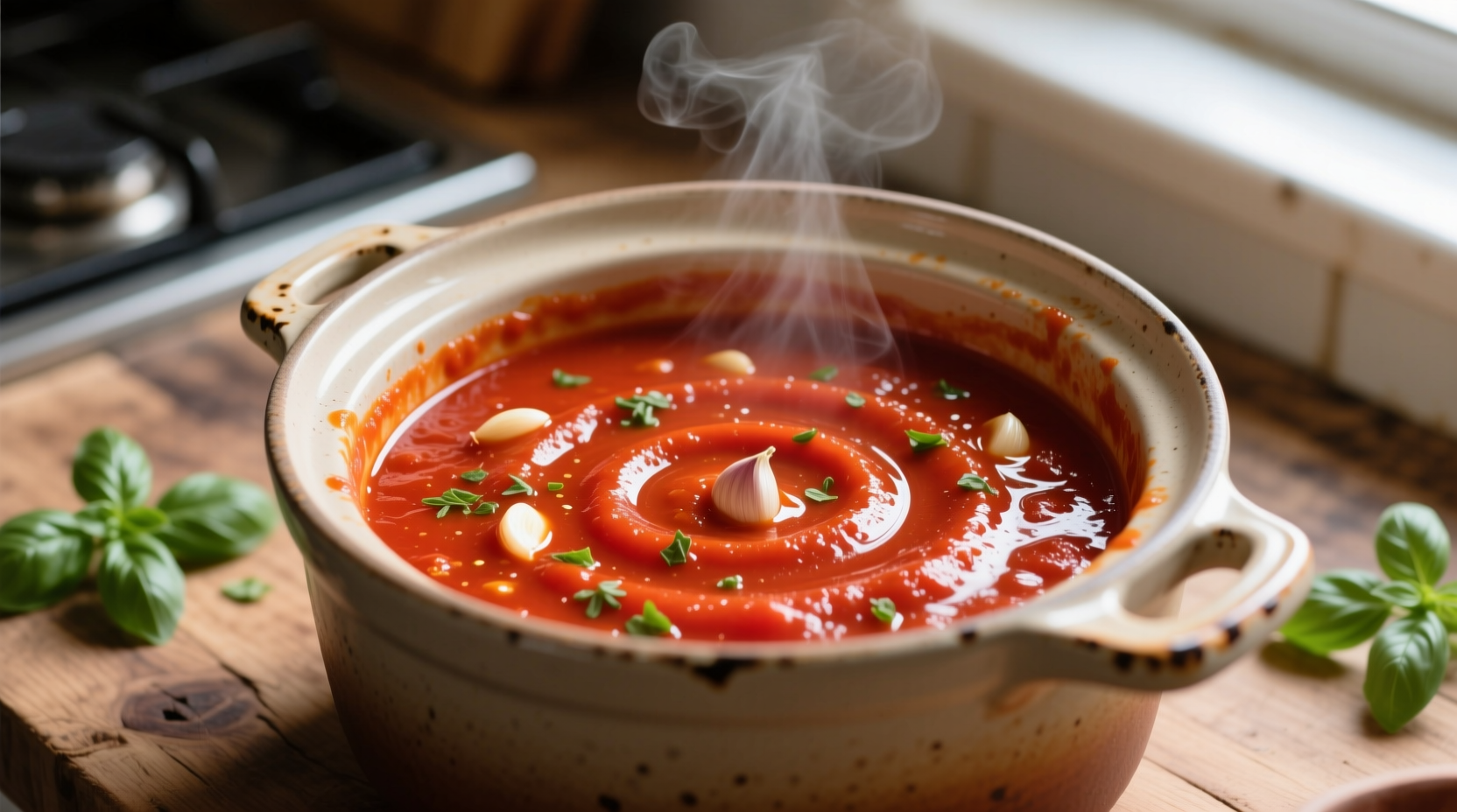 Slow cooker filled with vibrant red tomato sauce