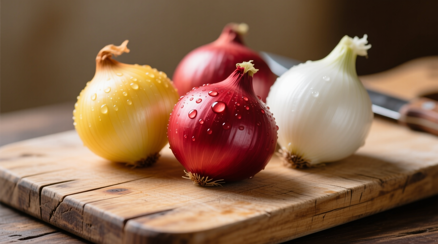 Fresh yellow, red, and white onions on wooden cutting board
