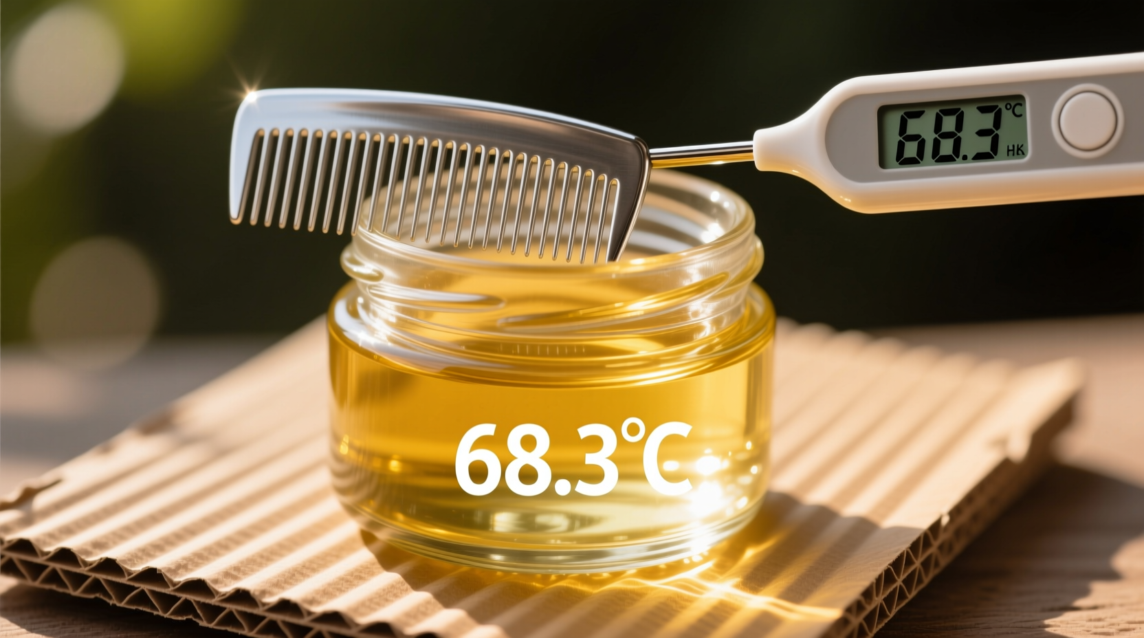 Clear glass jar containing stainless steel grooming comb fully submerged in pale golden neem oil solution, placed on corrugated cardboard reflector angled toward midday sun; digital thermometer probe visible showing 68.3°C internal temperature