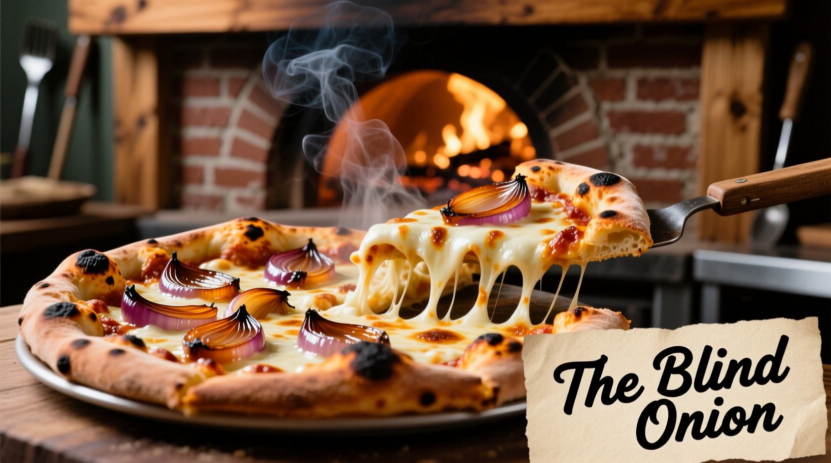 Wood-fired pizza with caramelized onions at The Blind Onion