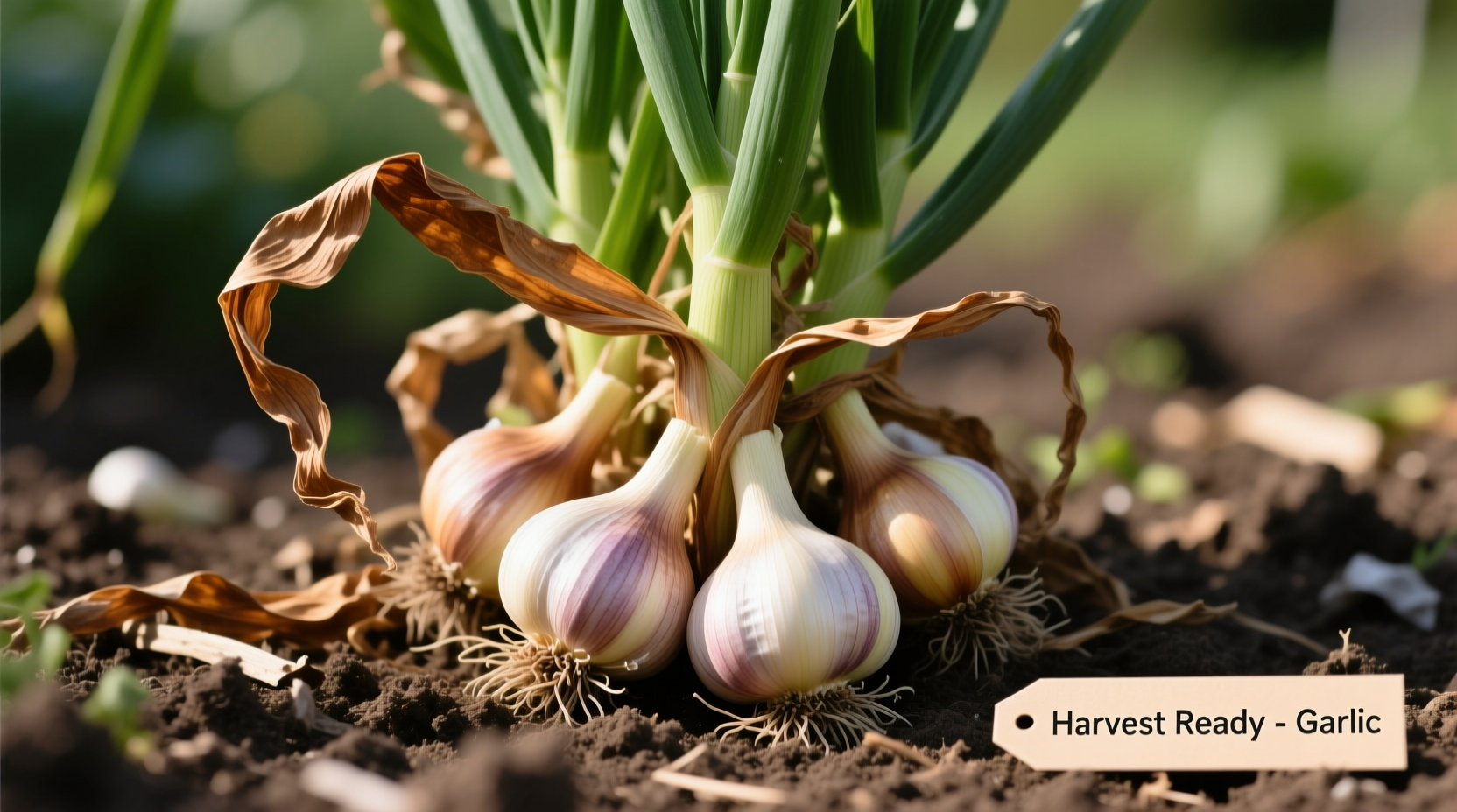 Garlic plants showing harvest readiness with brown lower leaves