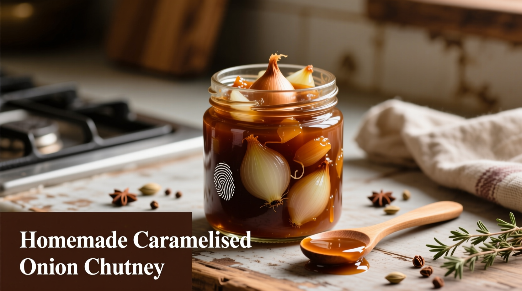 Homemade caramelised onion chutney in a glass jar