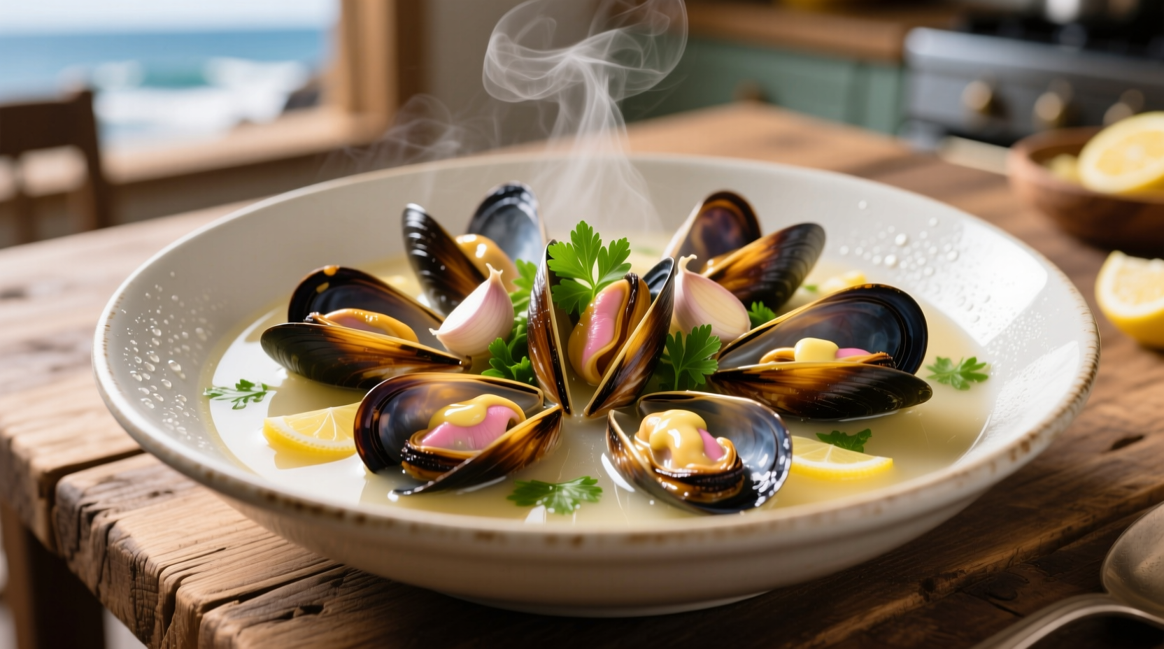 Perfectly cooked garlic butter mussels in white wine broth