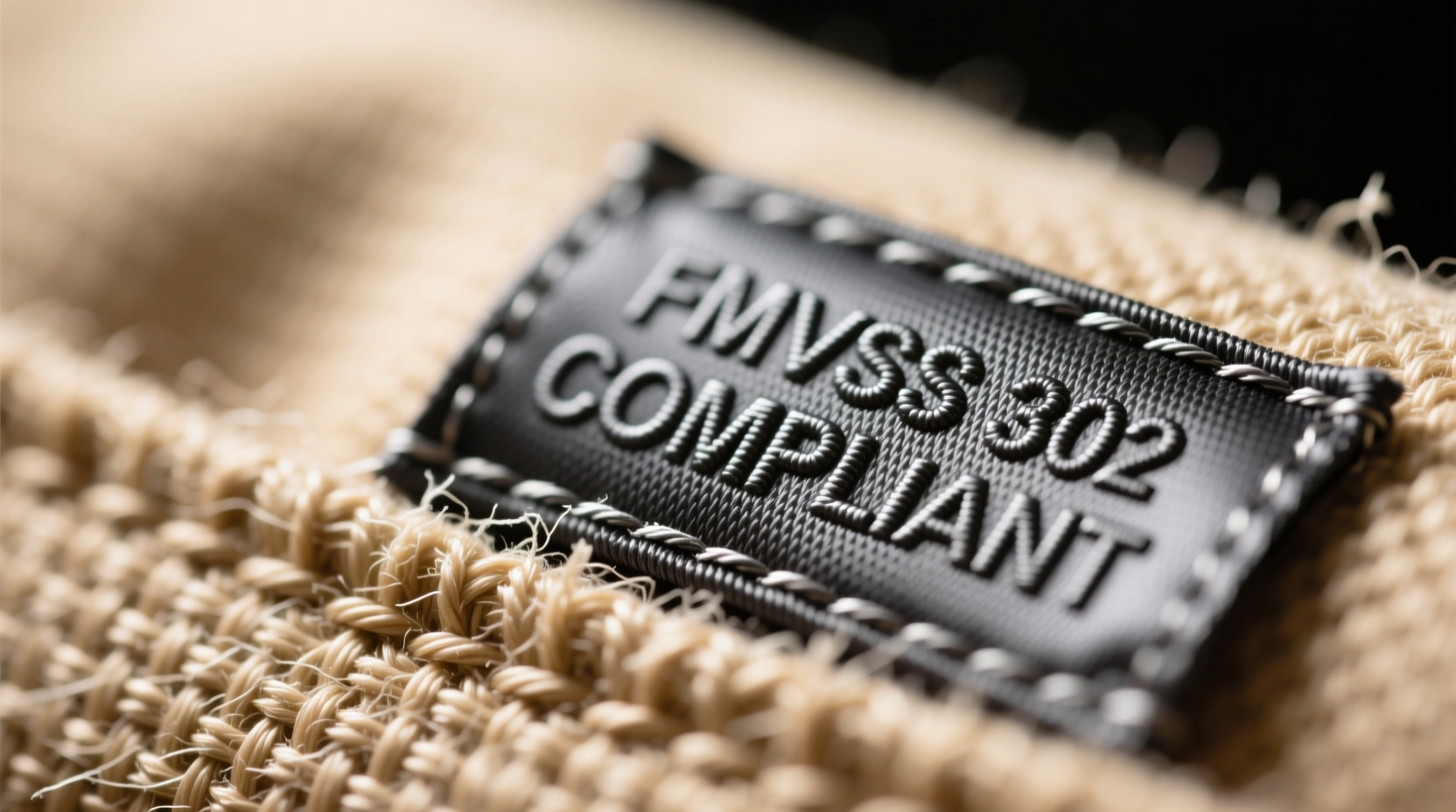 Fire safety label on upholstery fabric closeup