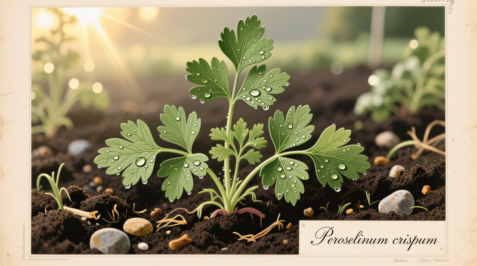 Parsley plant growing in garden soil with morning dew