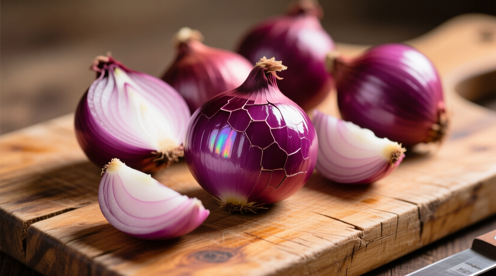 Fresh Thai red onions with purple skin on wooden cutting board