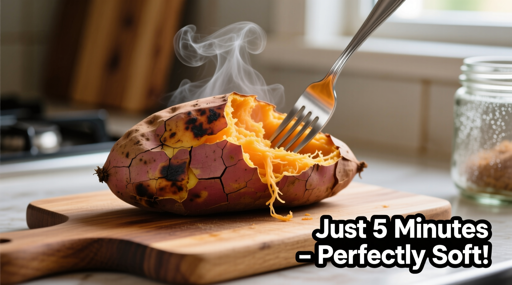 Microwaved sweet potato with fork showing tender interior
