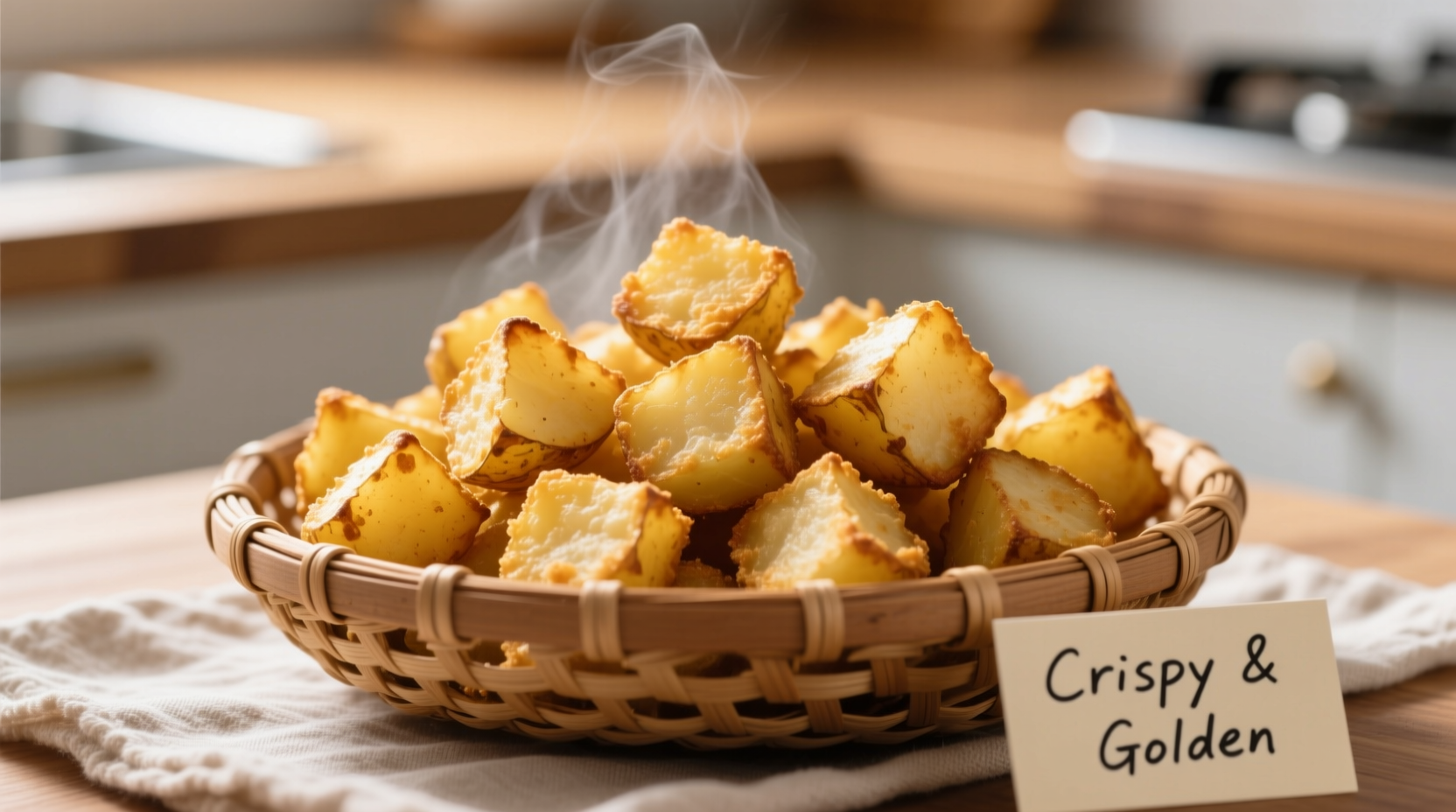 Golden air fried potato cubes in basket