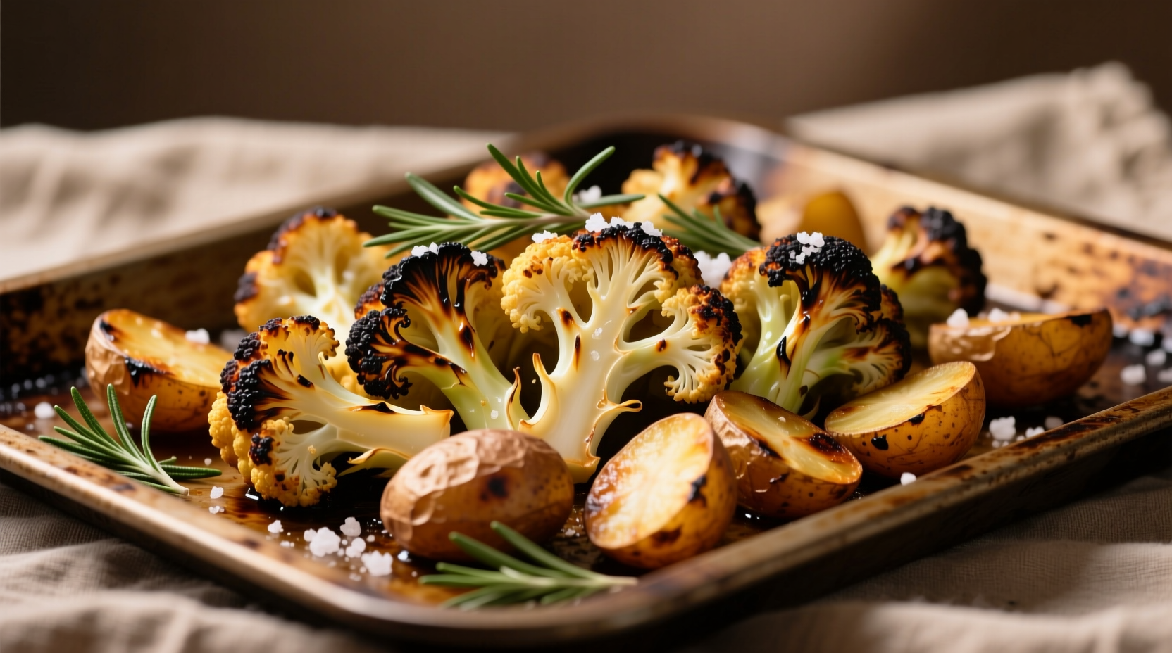 Crispy roasted cauliflower and potatoes on baking sheet
