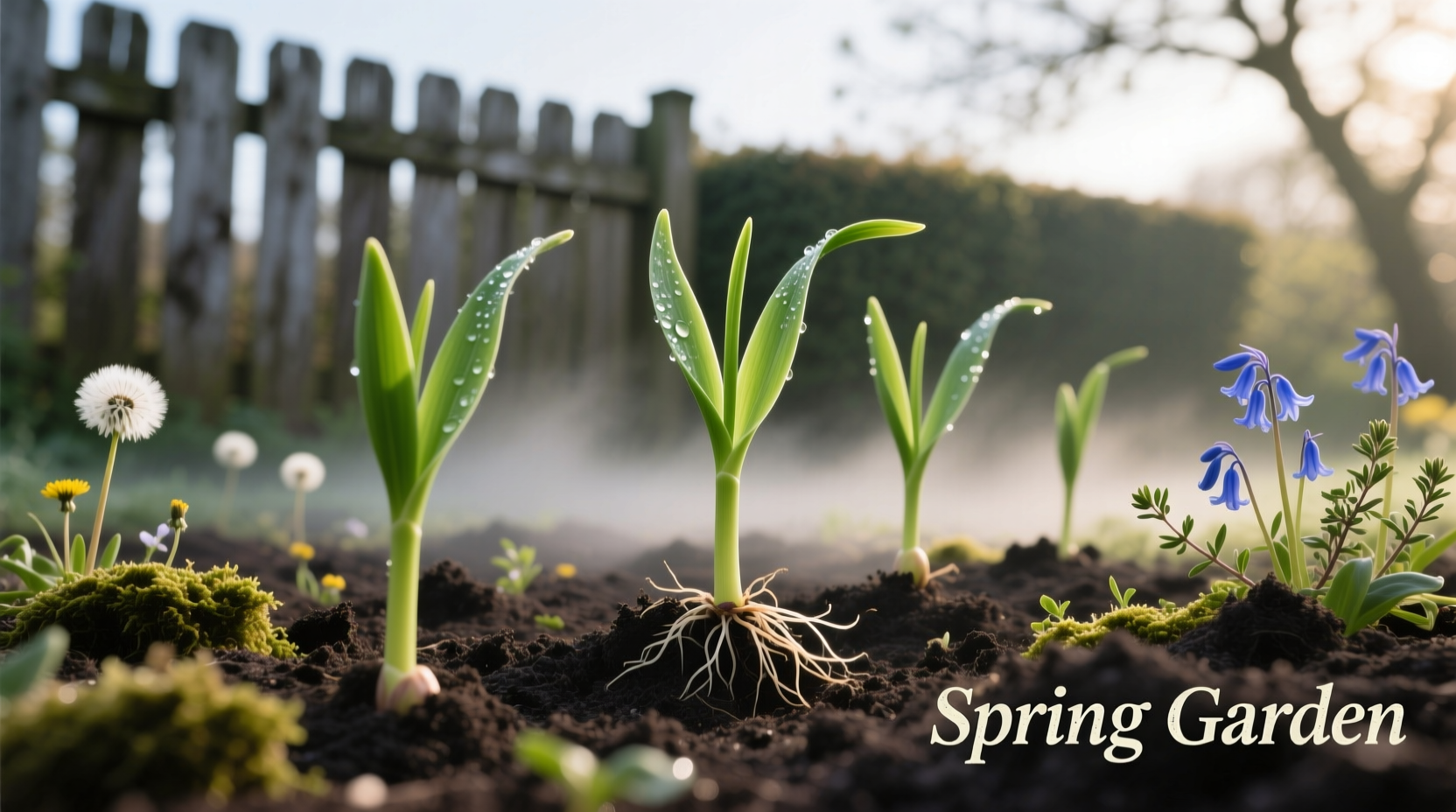 Garlic seedlings emerging from soil in spring garden
