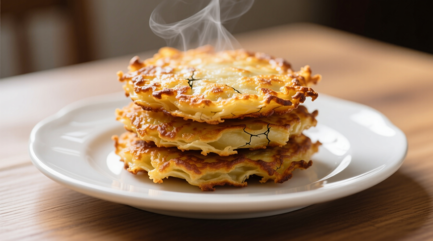 Golden brown potato cakes with crispy edges on white plate