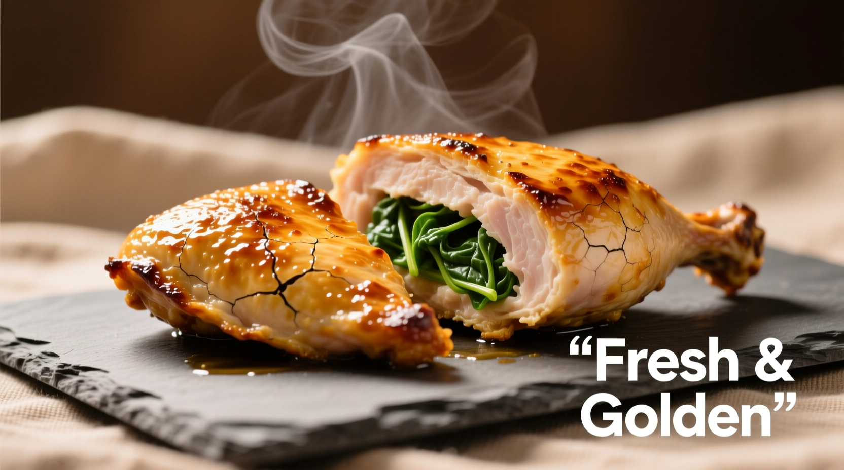 Perfectly cooked spinach filled chicken breast with golden crust