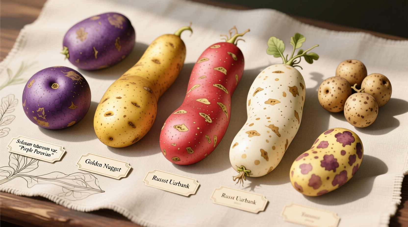 Various potato species displayed with different colors and shapes